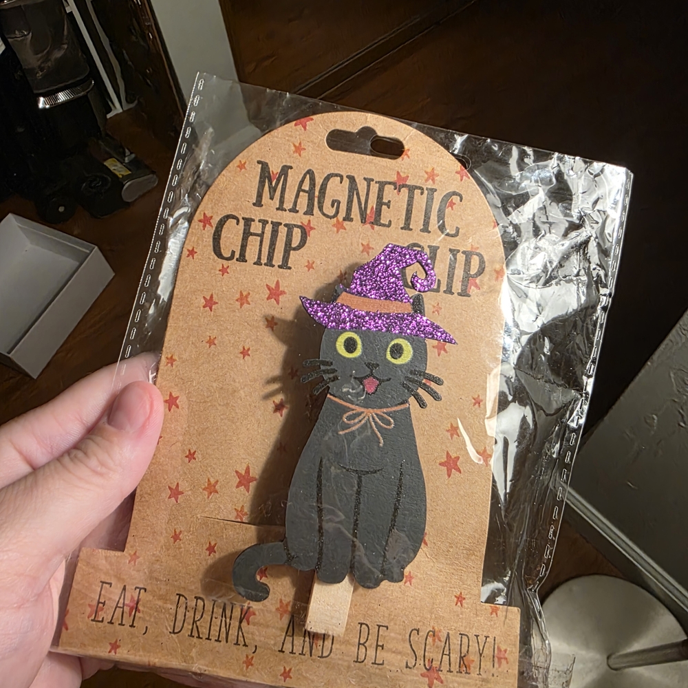 Black Cat Magnetic Chip Clip with Glittery Purple Hat HALLOWEEN
